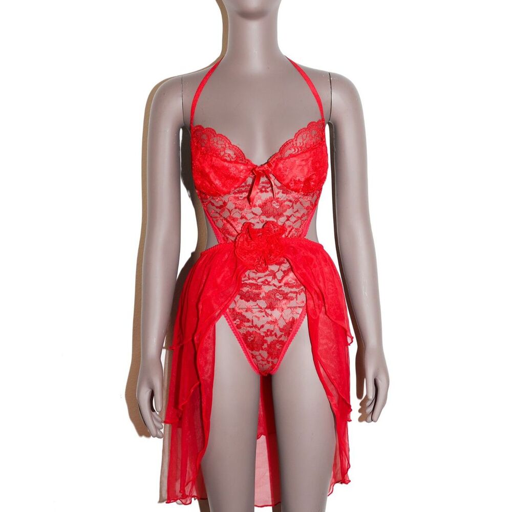 Red Lace‎ Bodysuit Sheer Mesh Floral One Piece Women Sexy Lingerie